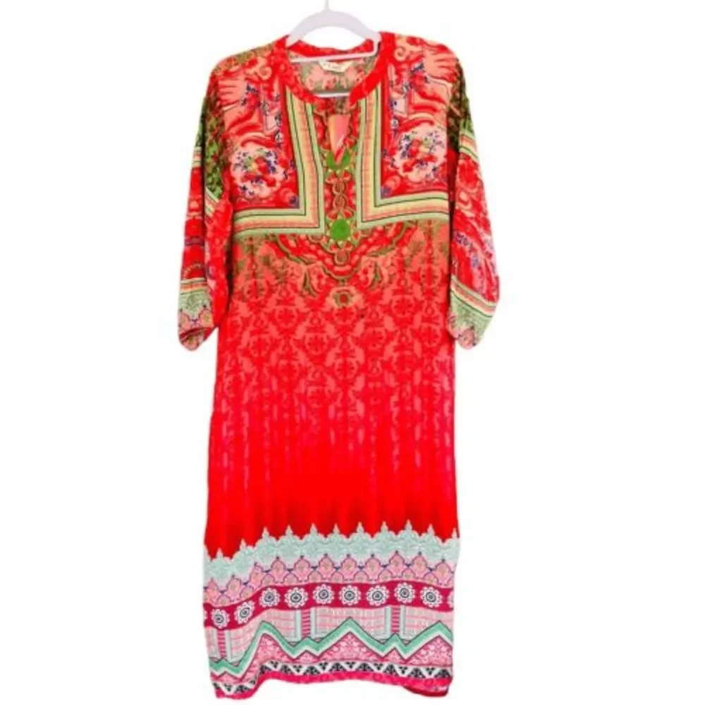 NEW‎ Lagi Red Floral Liva Fabric Relaxed Fit Kurta Kurti Tunic Dress SZ M